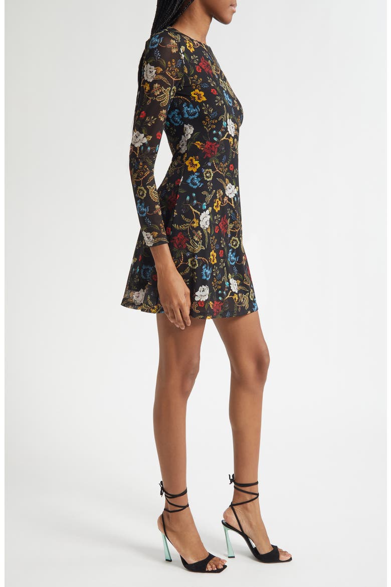 Delora Floral Long Sleeve Mesh Minidress, Alternate, color, TAPESTRY TRAILS SM BLACK