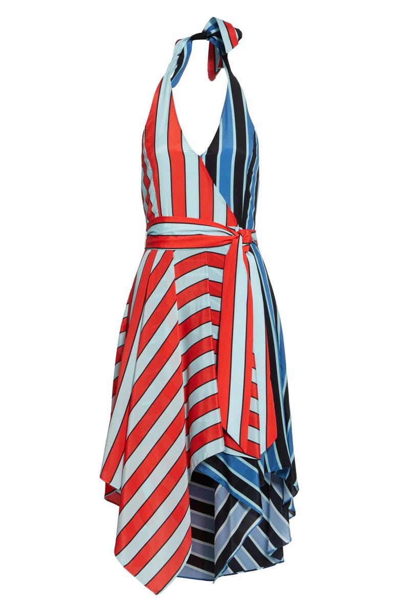 Alice + Olivia Canton Mix Stripe Halter Neck Handkerchief Hem Silk Dress, Alternate, color, 
