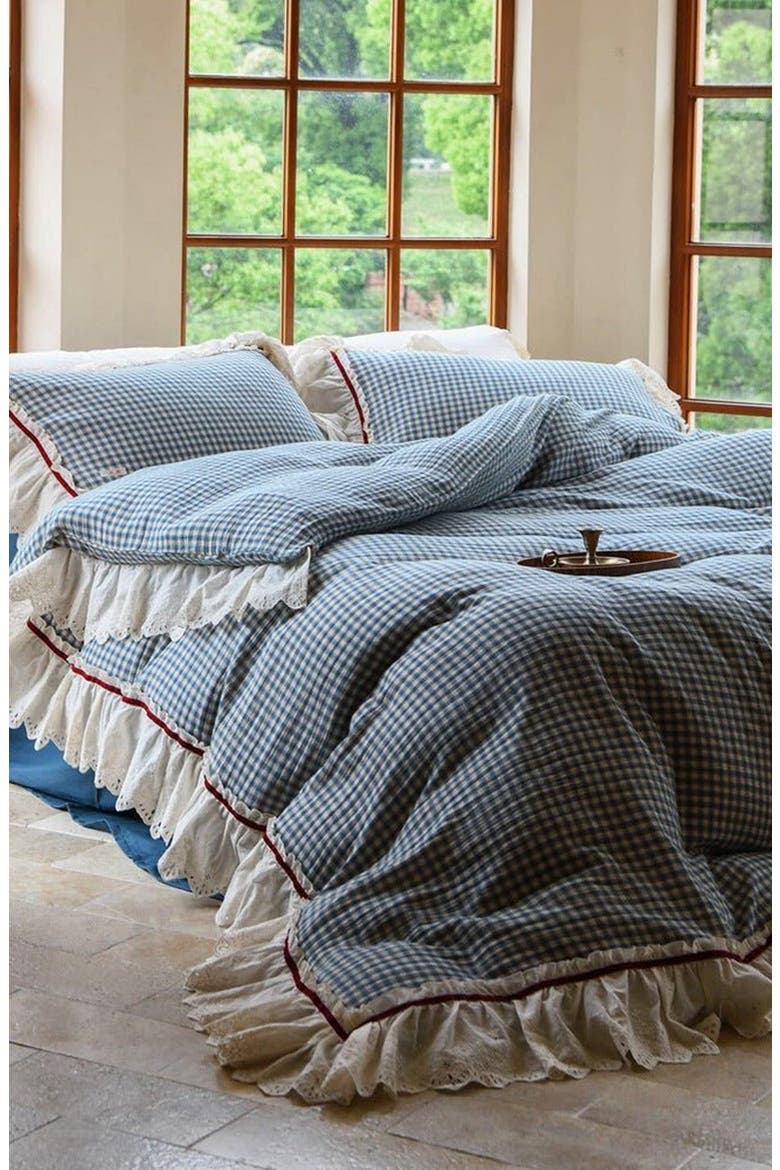 Gingham Floral Ruffle Bedding Set, Alternate, color, Blue