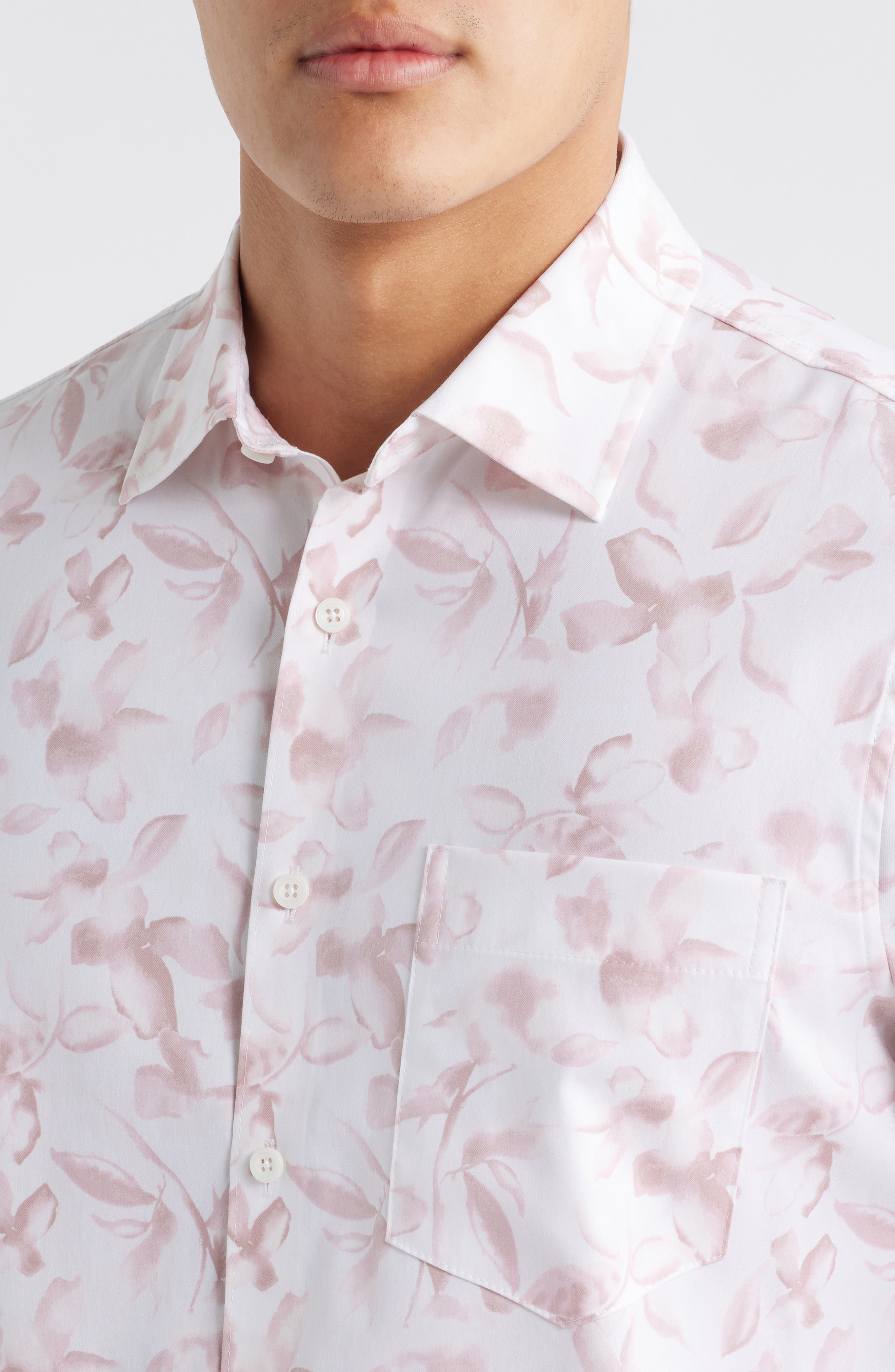 Leaf Print Short Sleeve Stretch Cotton Blend Button-Up Shirt - image 2