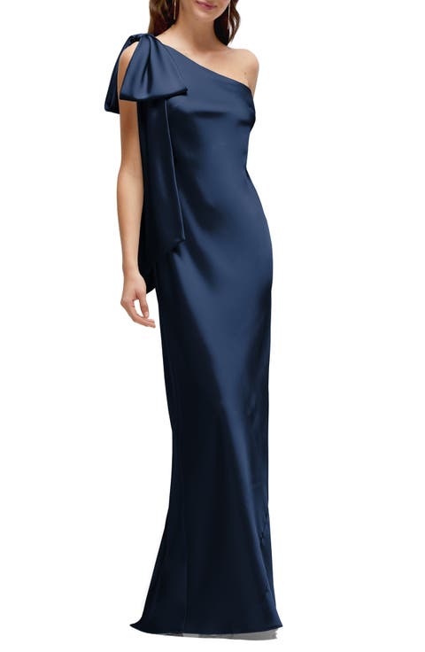 Bow Detail One-Shoulder Stretch Satin Charmeuse Gown