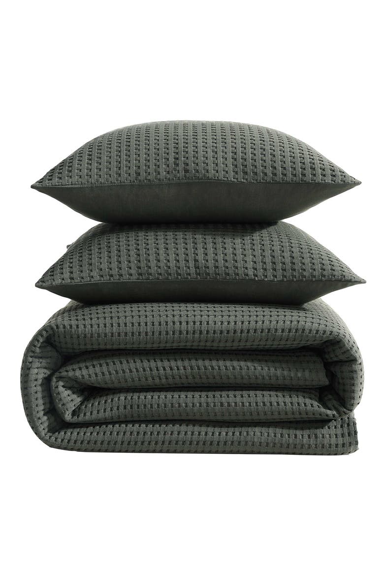 Solid Waffle Comforter Set, Main, color, DARK GREEN