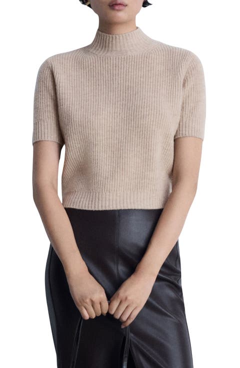 Short Sleeve Wool Mock Neck Crop Sweater