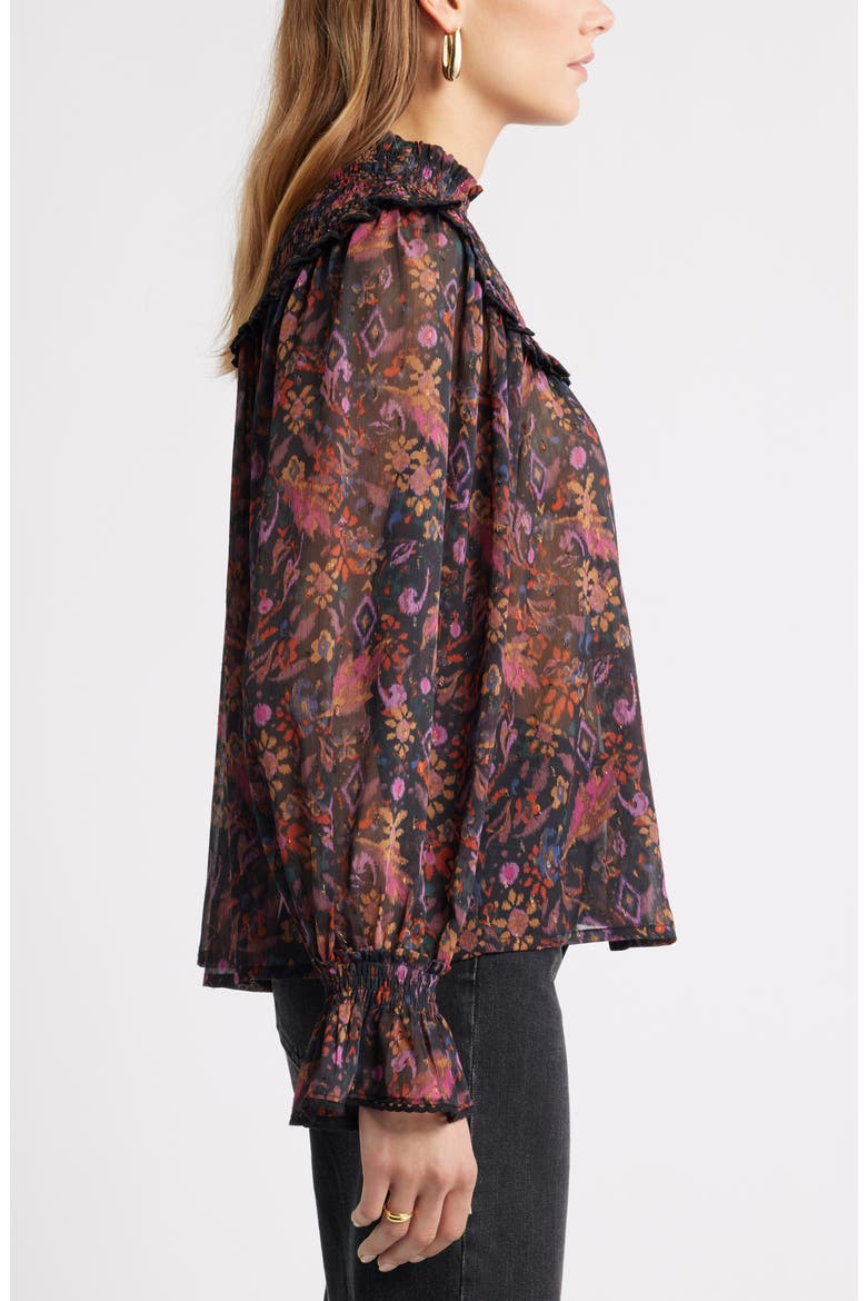 Floral Metallic Smocked Yoke Top, Alternate, color, BLACK- PURPLE ROSE TAPESTRY