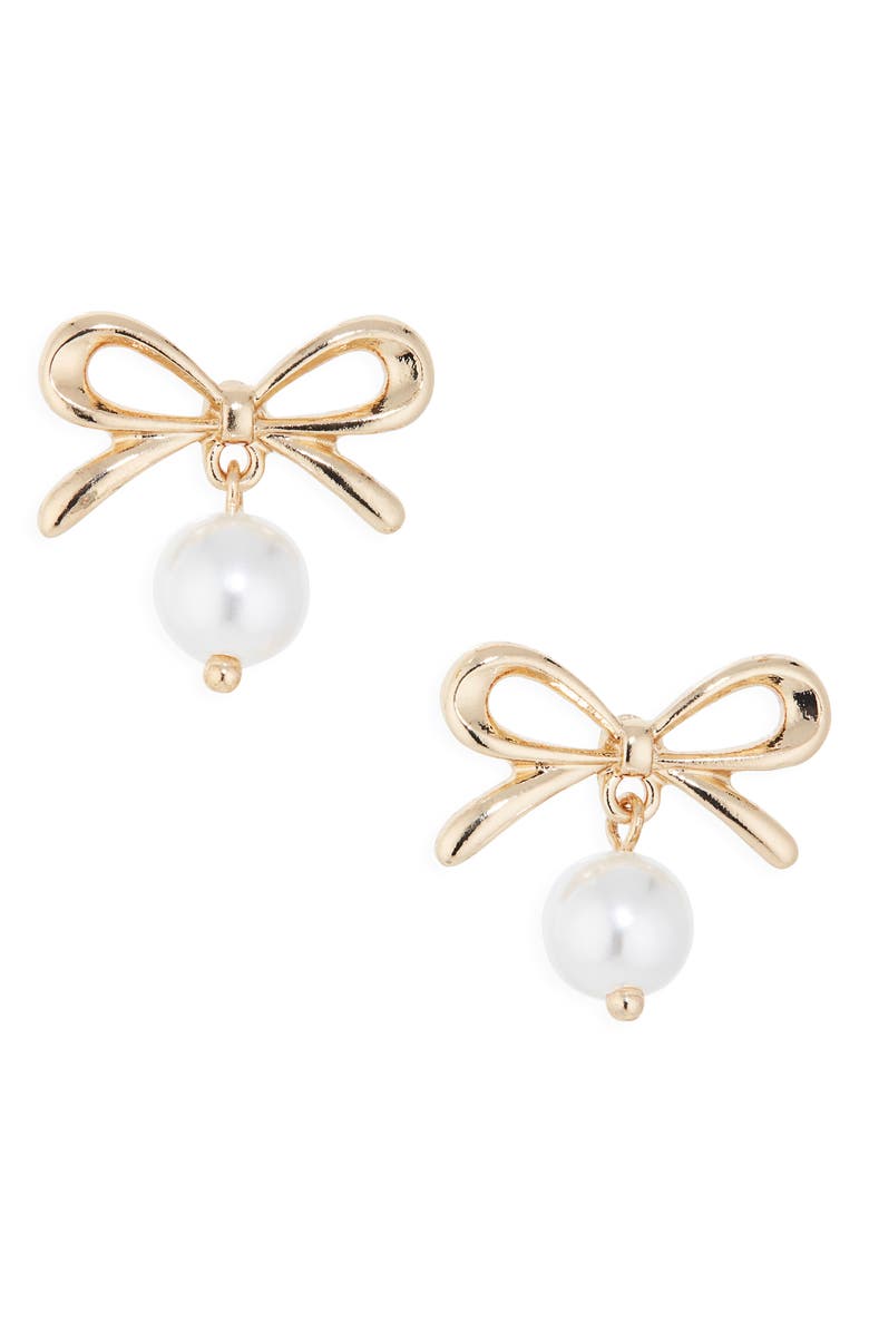 BP. Bow Faux Pearl Drop Earrings, Main, color,