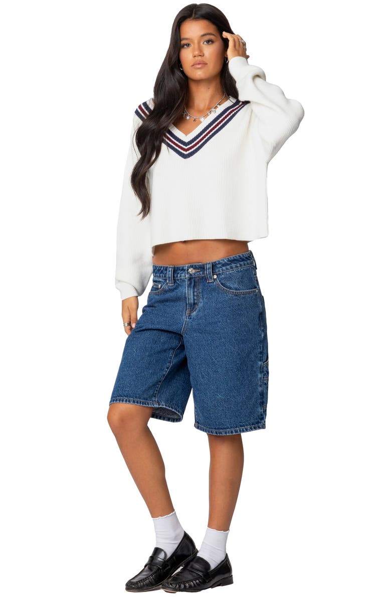 EDIKTED Lauryl Stripe V-Neck Sweater, Alternate, color, White