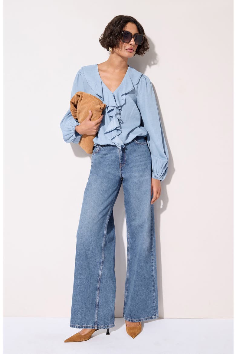 Ruffle Chambray Top, Alternate, color, BLUE