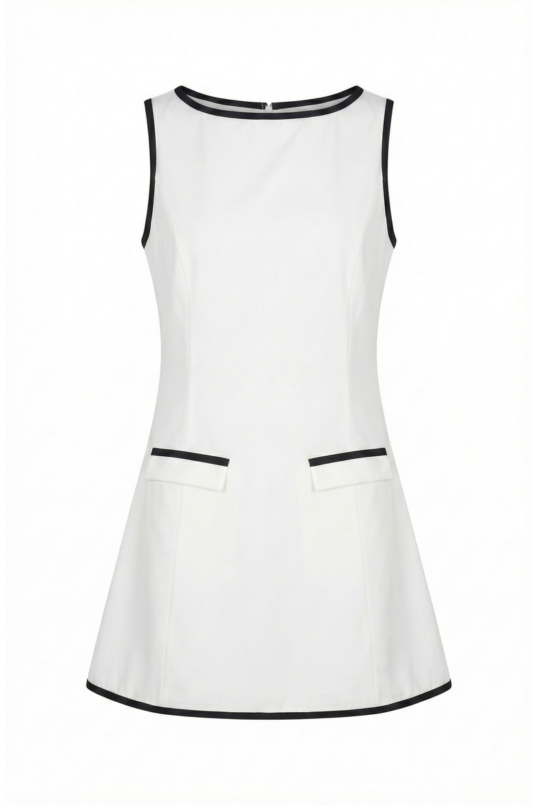 Sleeveless A-Line Mini Dress with Contrast Trim and Faux Pockets, Alternate, color, Off-white / Black
