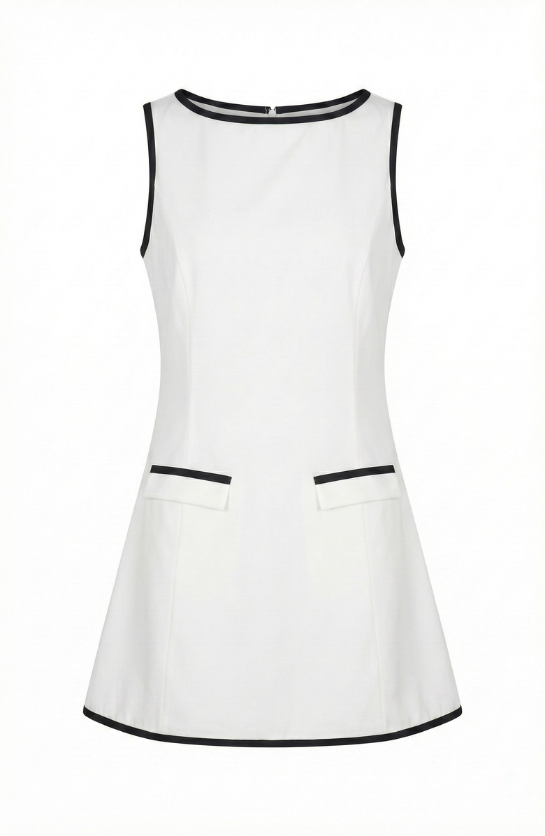 Modenaire Sleeveless A-Line Mini Dress with Contrast Trim and Faux Pockets, Alternate, color, Off-White / Black