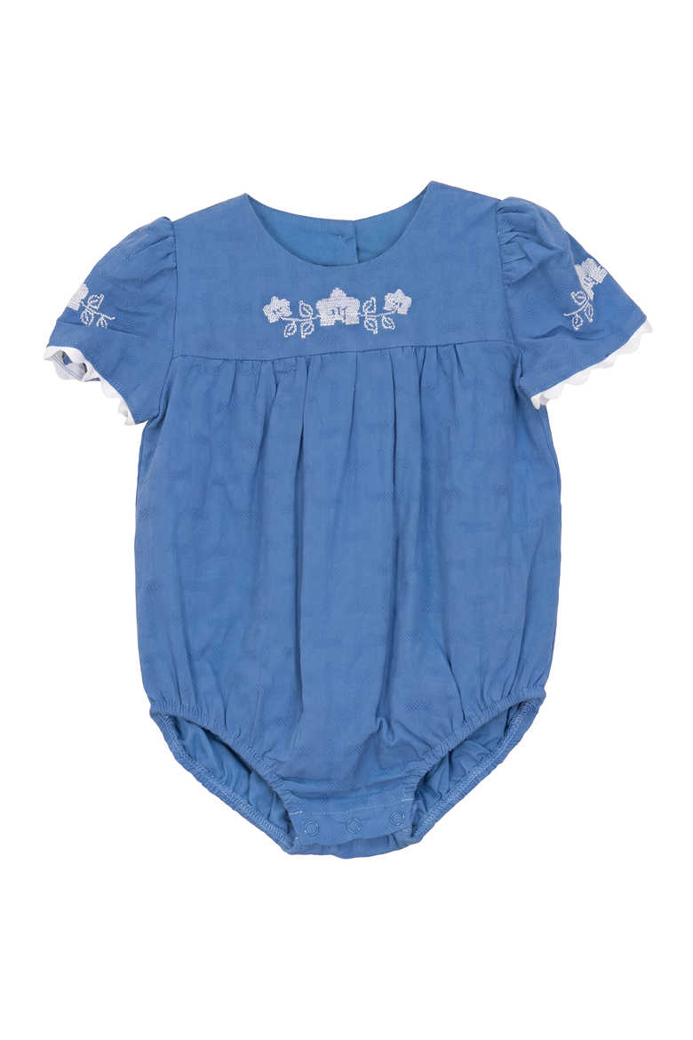 Criss Cross Flower Embroidered Cotton Bubble Romper, Main, color, River