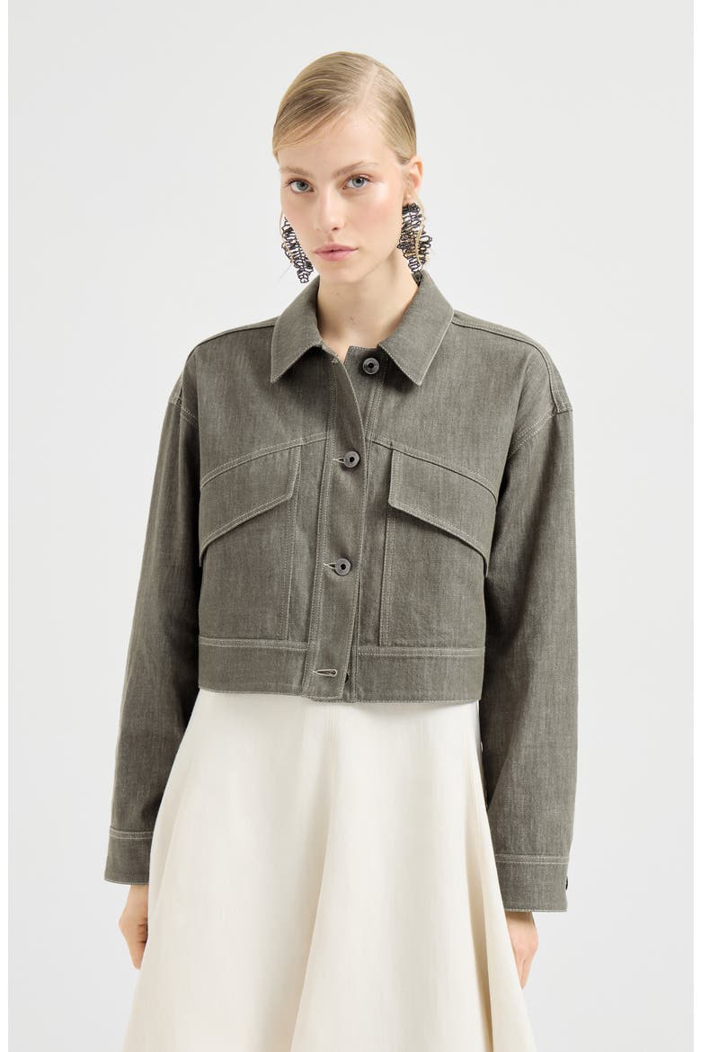 Denim-effect twill outerwear jacket, Main, color, Olive