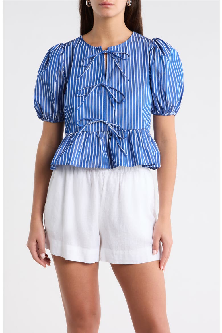 Vester Tie Front Puff Sleeve Top, Main, color, BLUE/ WHITE