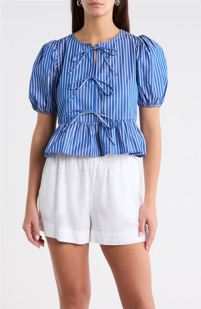 SUGARLIPS Vester Tie Front Puff Sleeve Top, Main, color, Blue/ White