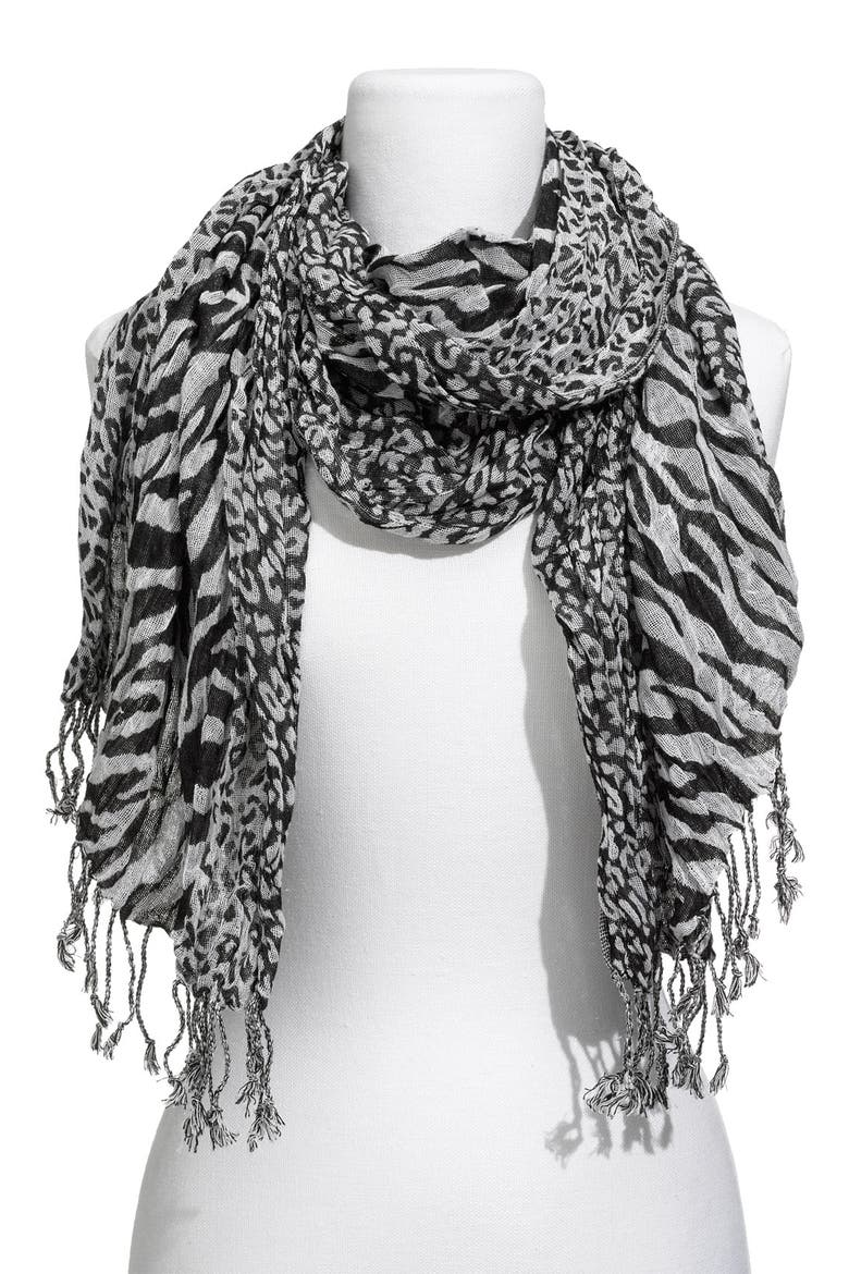 Animal Printed Sheer Scarf, Main, color, BLACK/ WHITE