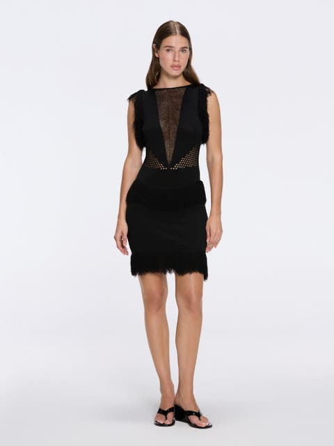 Diani Fringe Detail Sheer Panel Open Back Mini Dress