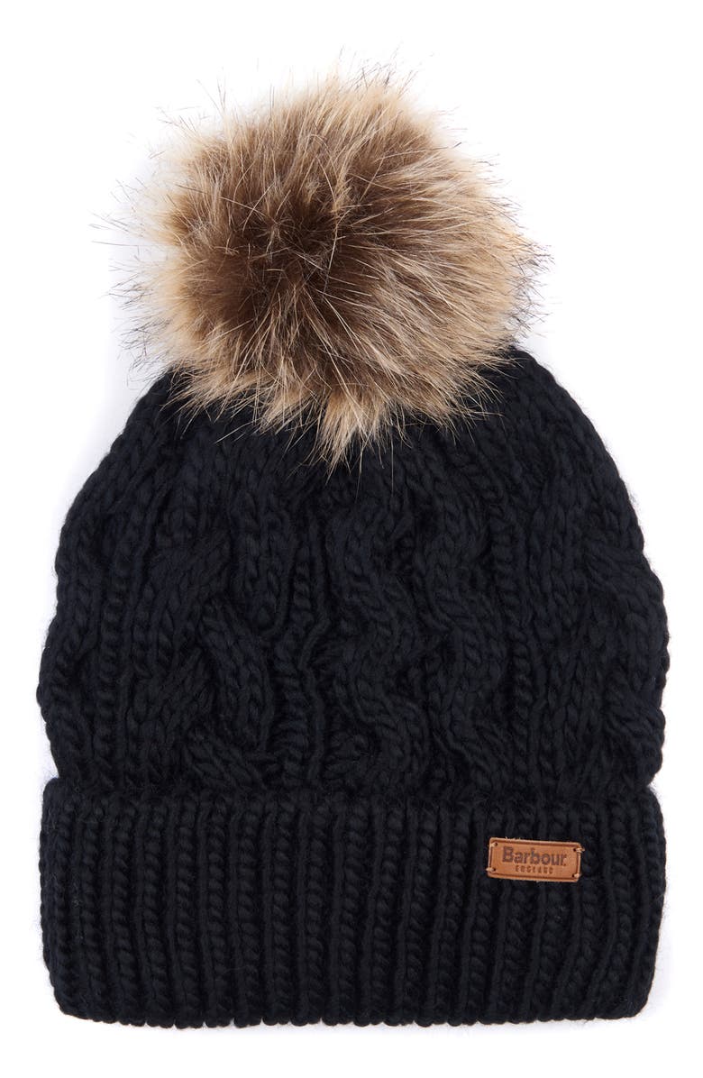 Barbour Penshaw Faux Fur Pompom Beanie, Main, color, 