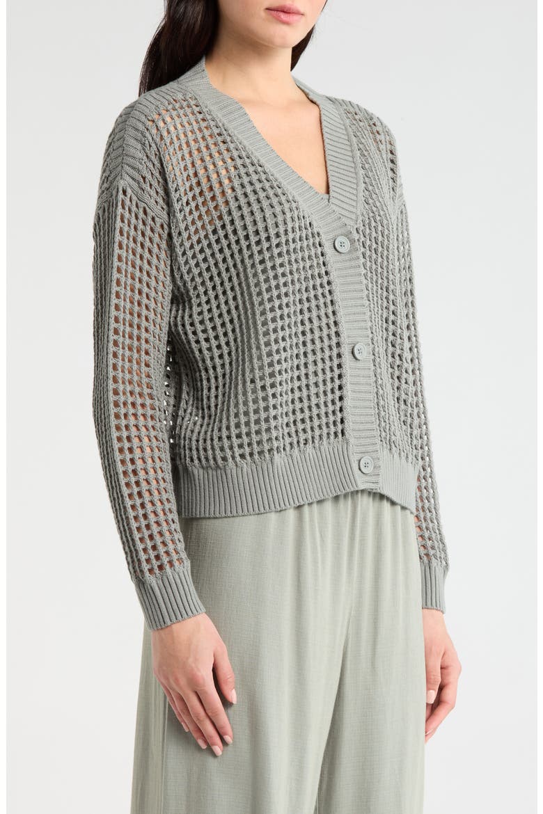 Camellia Openwork V-Neck Cotton Blend Cardigan, Alternate, color, EUCALYPTUS GREEN