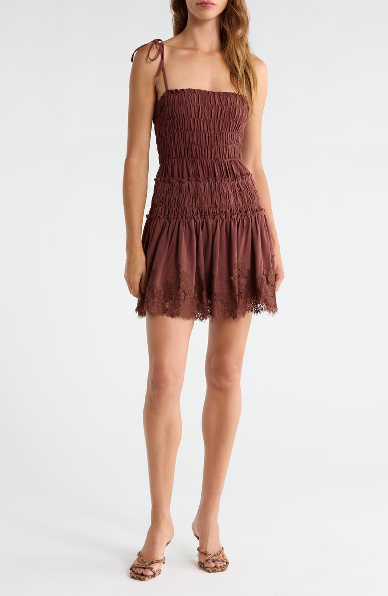 All in Favor Shirred Tie Shoulder Lace Trim Minidress, Main, color, Brown