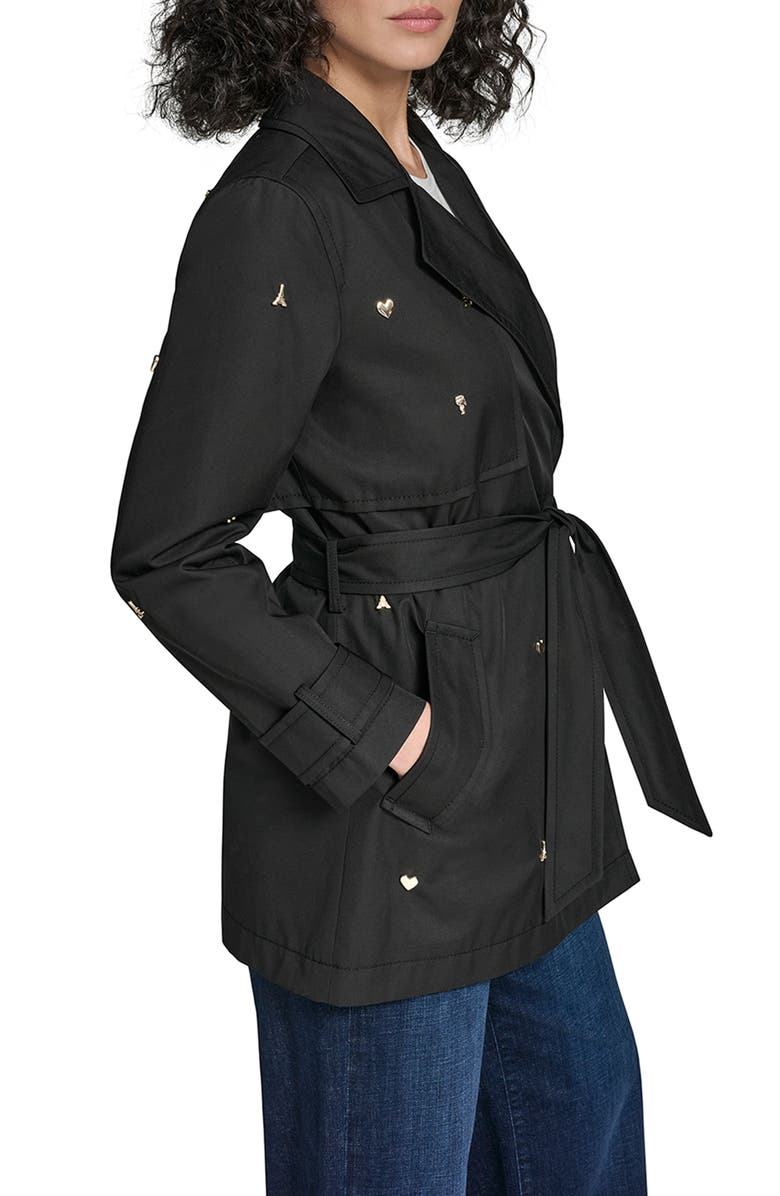 KARL LAGERFELD Embellished Trench Coat, Alternate, color, Black