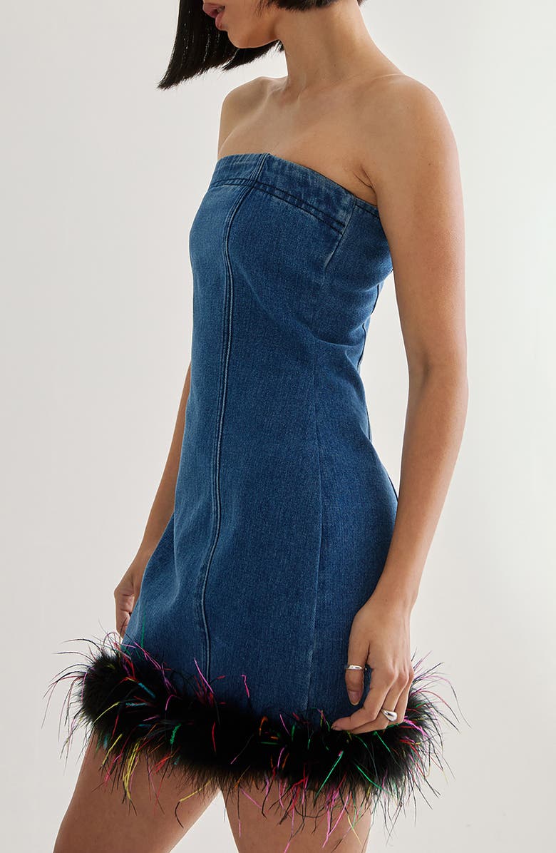 NASTY GAL Feather Hem Strapless Denim Minidress, Alternate, color, Authentic Denim
