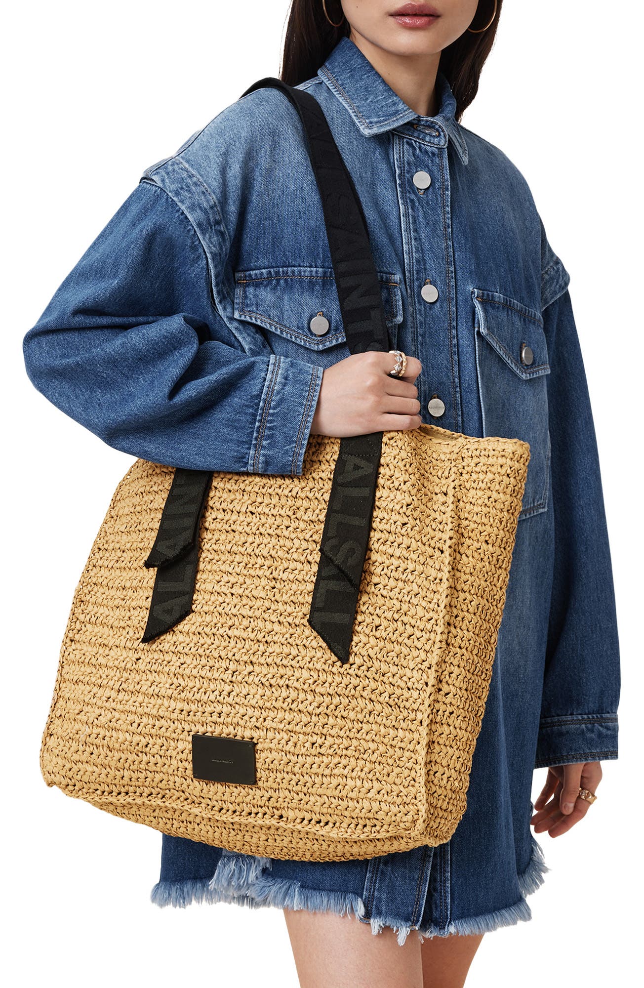 AllSaints Lullah Straw Tote Bag, Alternate, color, Almond