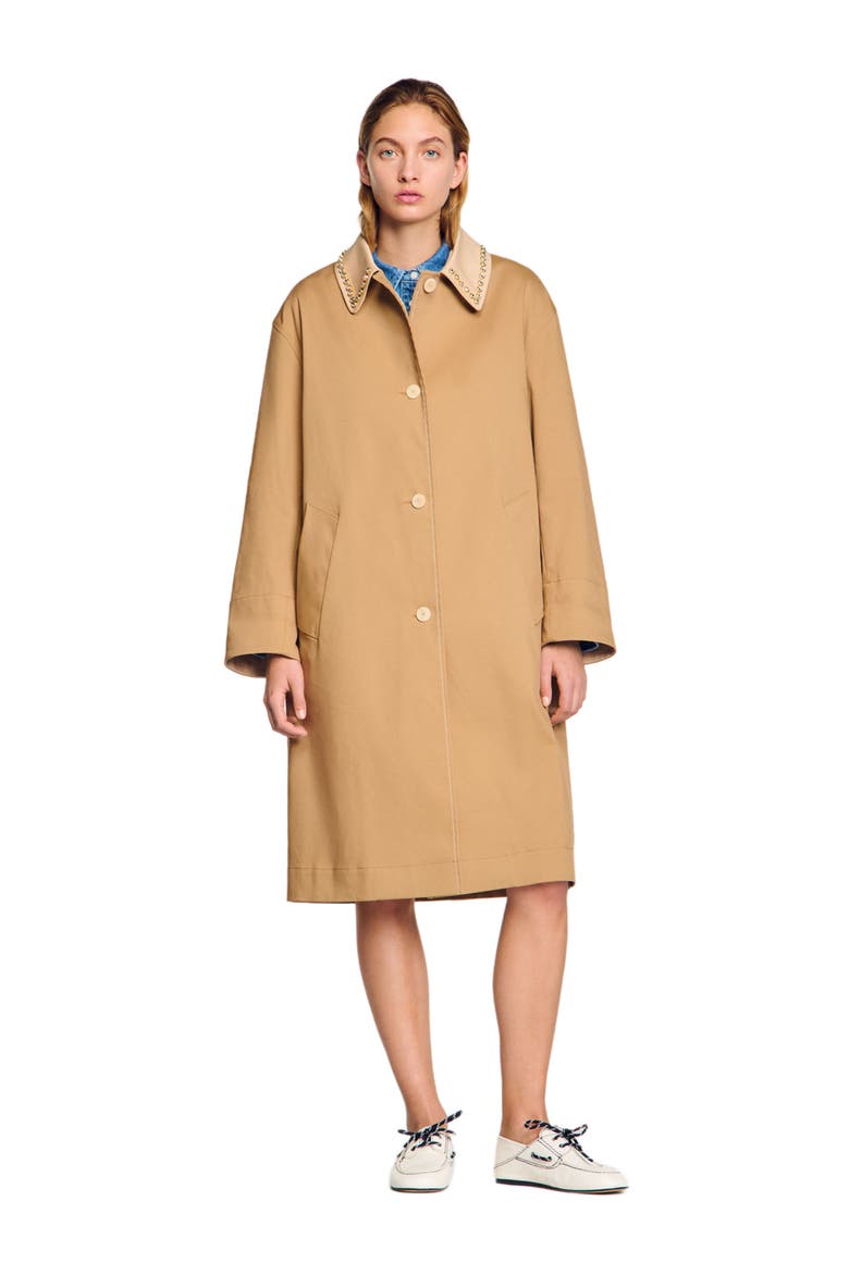 Trench coat with rhinestone collar, Main, color, Camel