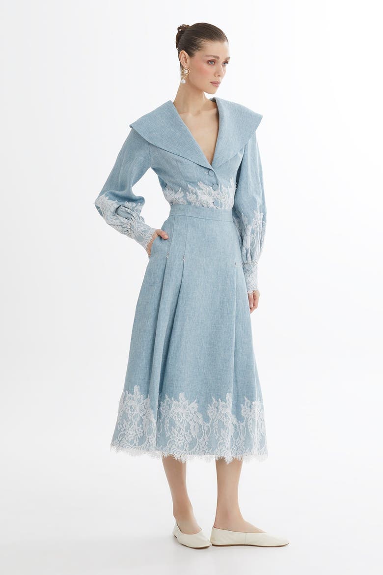 Blue Lace Trim Linen Midi Skirt, Alternate, color, Blue