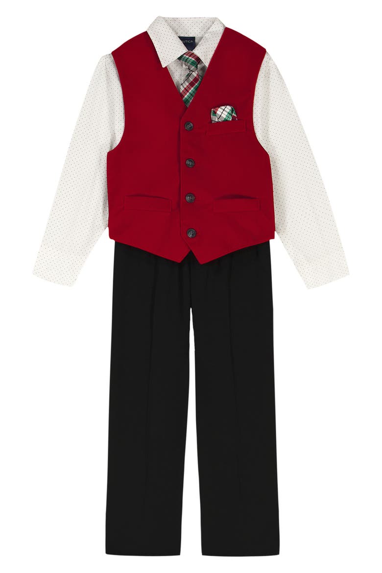 Kids' Holiday Velvet Vest, Pants, Shirt & Tie Set, Main, color, RED