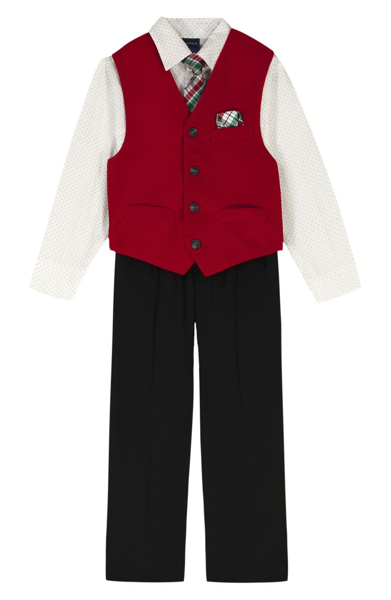Nautica Kids' Holiday Velvet Vest, Pants, Shirt & Tie Set, Main, color, Red/ Black Multi