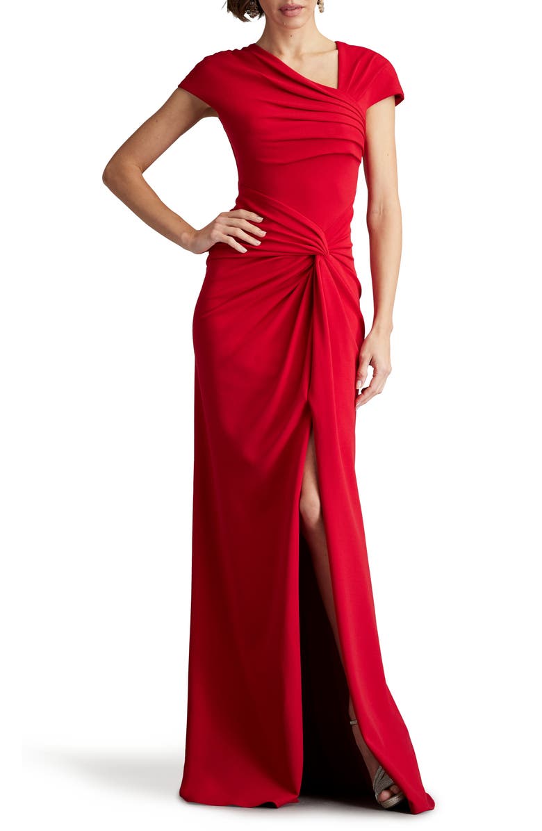 Tadashi Shoji Asymmetric Neck Cap Sleeve Crepe Gown, Main, color, Flame