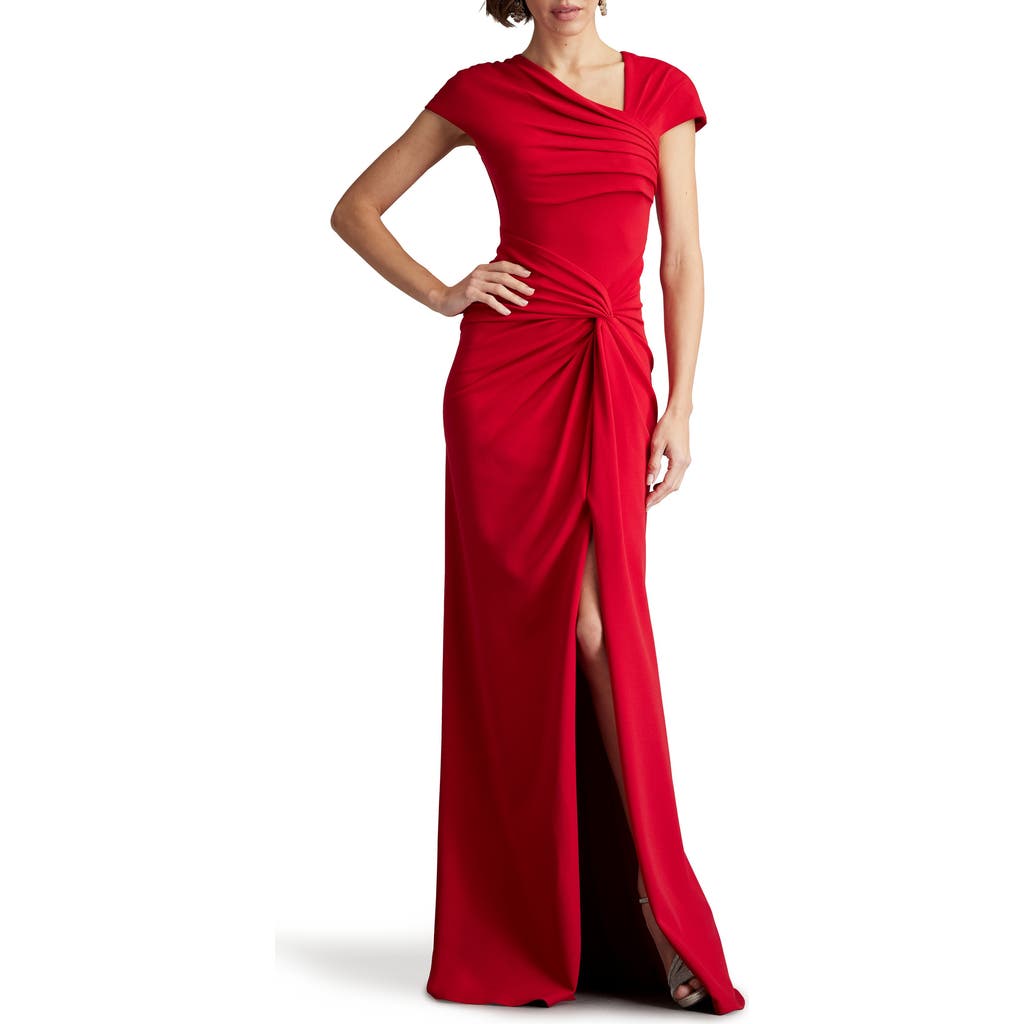 Tadashi Shoji Asymmetric Neck Cap Sleeve Crepe Gown in Flame