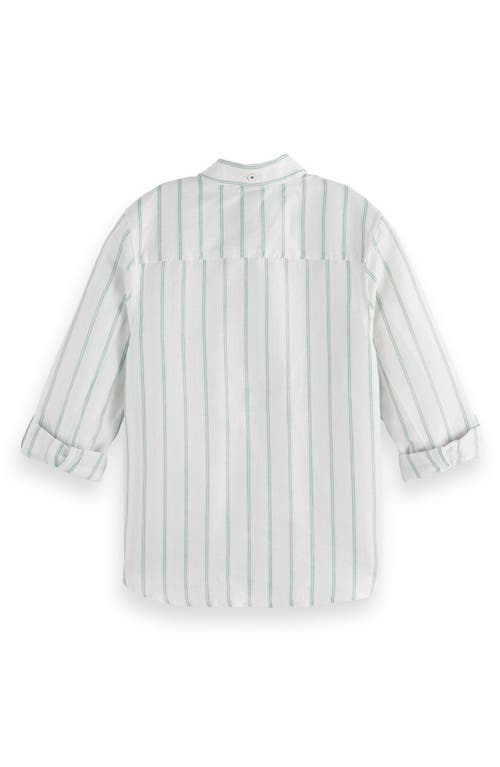 Scotch & Soda Kids' Stripe Linen & Cotton Button-up Shirt In White/bright Green/stripe
