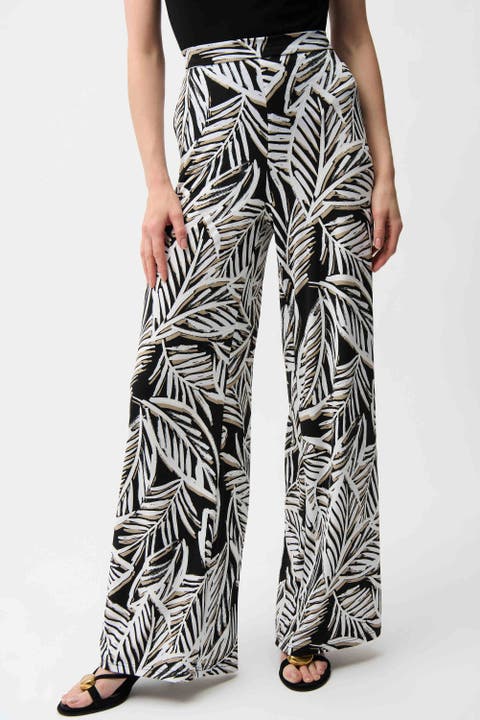 Silky Knit Tropical Print Wide Leg Pull-On Pants