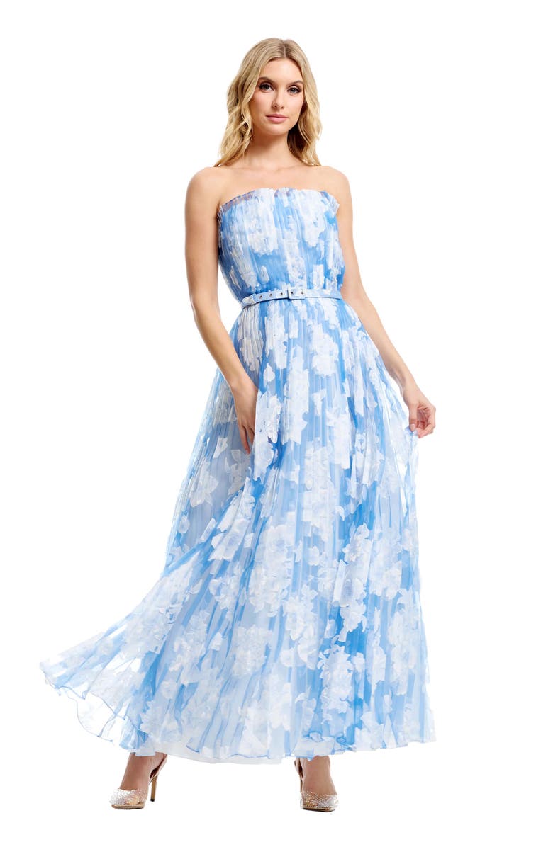 Dress the Population Verity Pleated Belted Strapless Gown, Alternate, color, Sky Multi