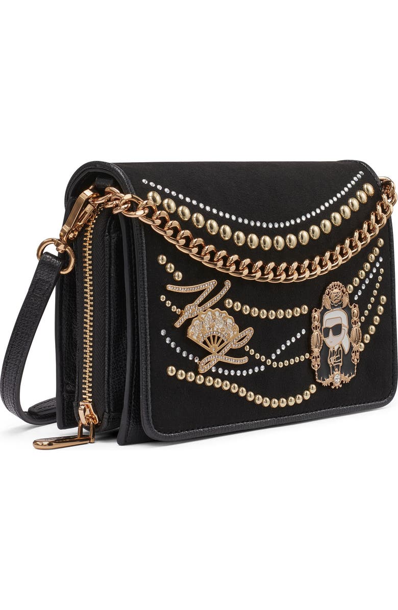 KARL LAGERFELD PARIS Lourdes Crossbody Bag with Pearl Embellishments, Alternate, color, Black/Gold
