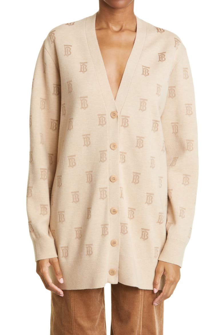 Women's Salena TB Logo Jacquard Wool & Silk Blend Cardigan, Main, color, LIGHT BEIGE MELANGE