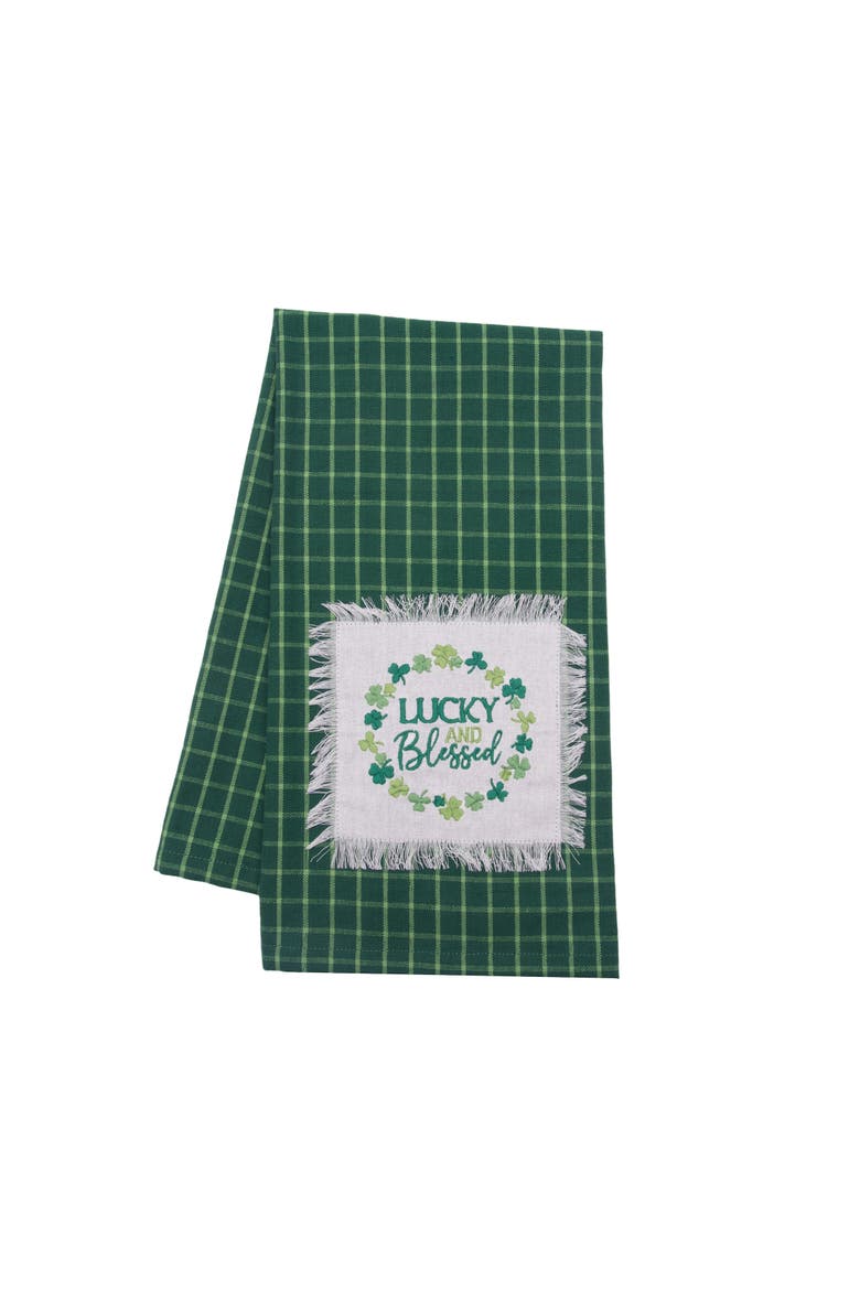 "Lucky & Blessed" St. Patrick's Day 100% Cotton Green Plaid Handtowel, Main, color, Green