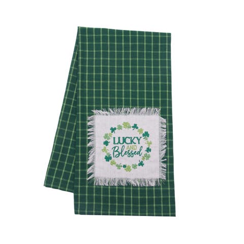 "Lucky & Blessed" St. Patrick's Day 100% Cotton Green Plaid Handtowel