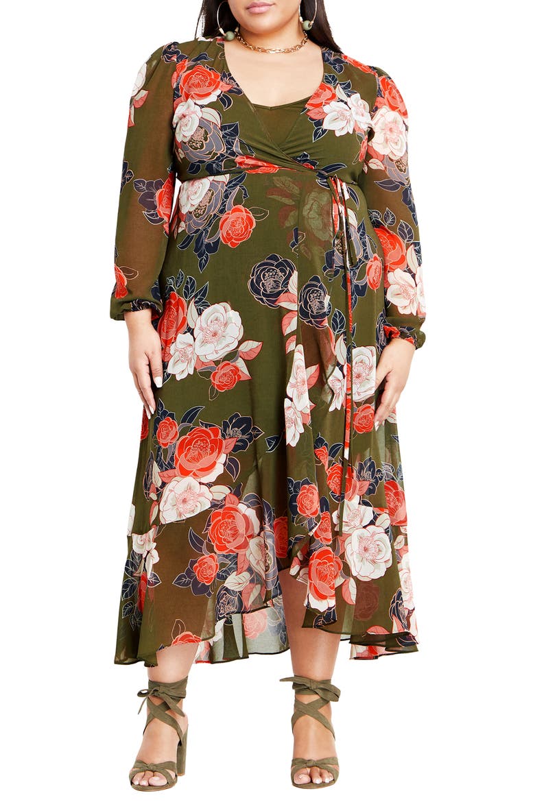 Sadie Floral Print Long Sleeve Wrap Dress, Main, color, MILITARY GARDENIA