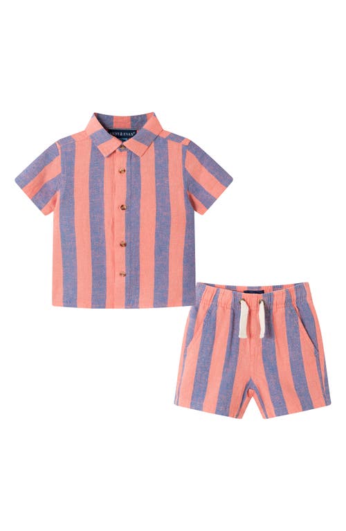 Andy & Evan Stripe Button-up Shirt & Shorts Set In Coral/blue