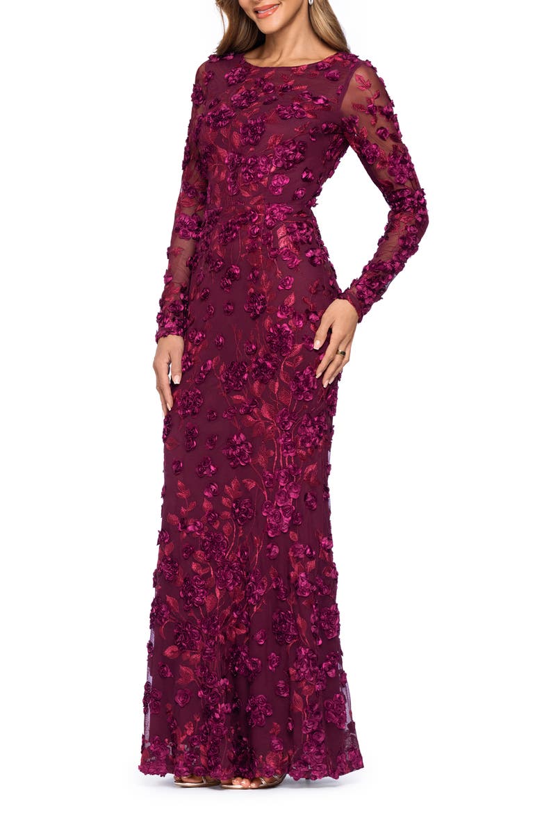 Embroidered Floral Long Sleeve Gown, Alternate, color, WINE