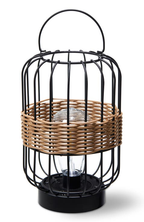 Metal Wire Faux Rattan Solar Powered Outdoor Lantern with Handle
