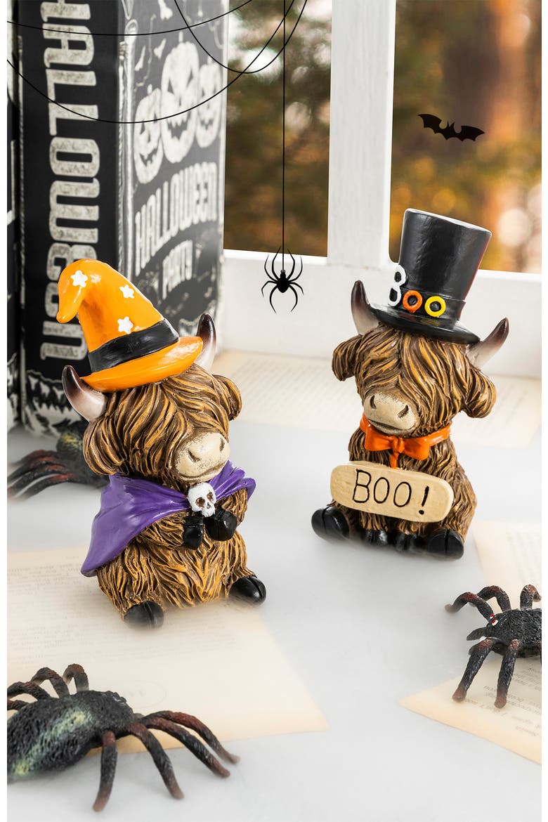 Set of 2 Halloween Resin Skull or Highland Cow Table Decor, Alternate, color, Brown