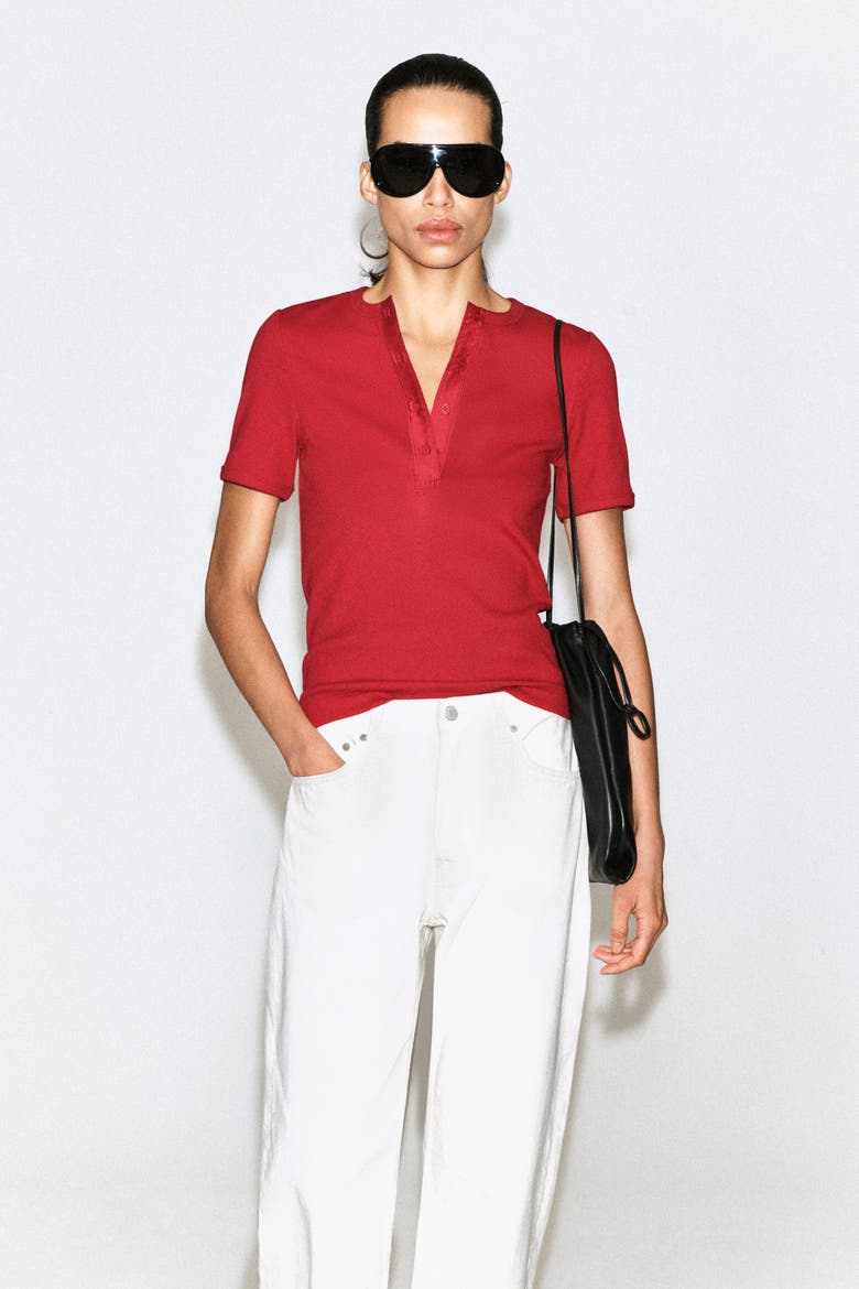 Ribbed Henley T-shirt, Main, color, RED