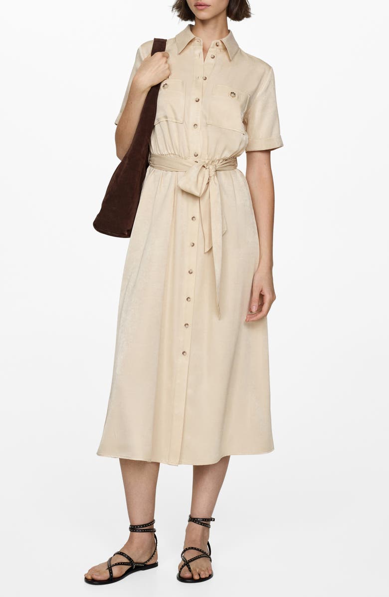 MANGO Belted Satin Midi Shirtdress, Main, color, 