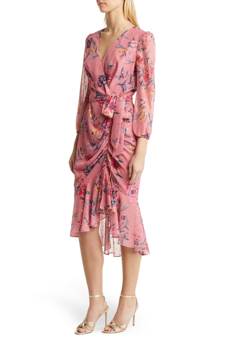 Eliza J Metallic Fleck Floral Long Sleeve Body-Con Dress, Alternate, color, Blush