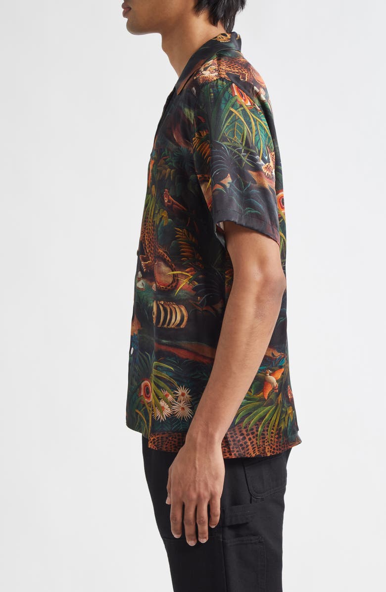 ENDLESS JOY Jungle Print Silk Satin Camp Shirt, Alternate, color, Black Multi