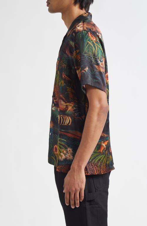 Endless Joy Jungle Print Silk Satin Camp Shirt In Black Multi
