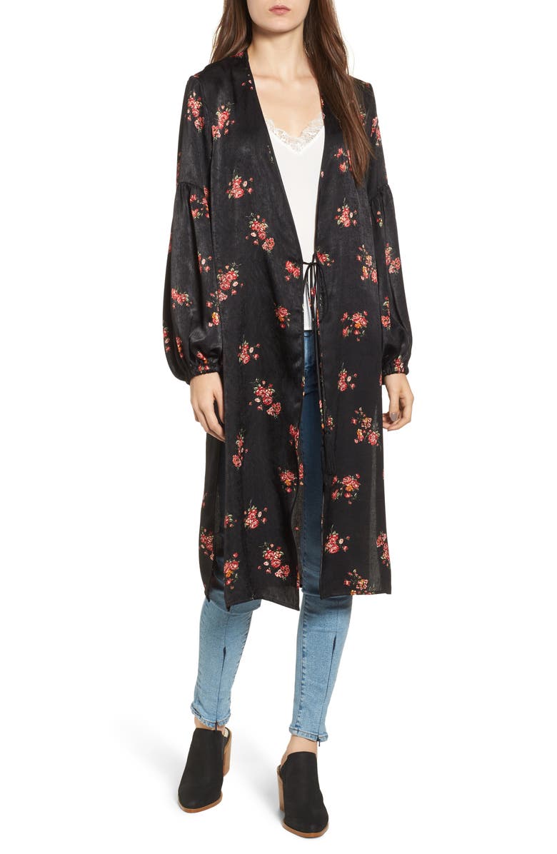 All in Favor Tie Front Floral Print Duster, Main, color,