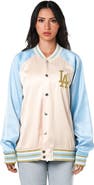 THE WILD COLLECTIVE Women's The Wild Collective Cream Los Angeles Dodgers Oversized Satin Raglan Full-Snap Bomber Jacket